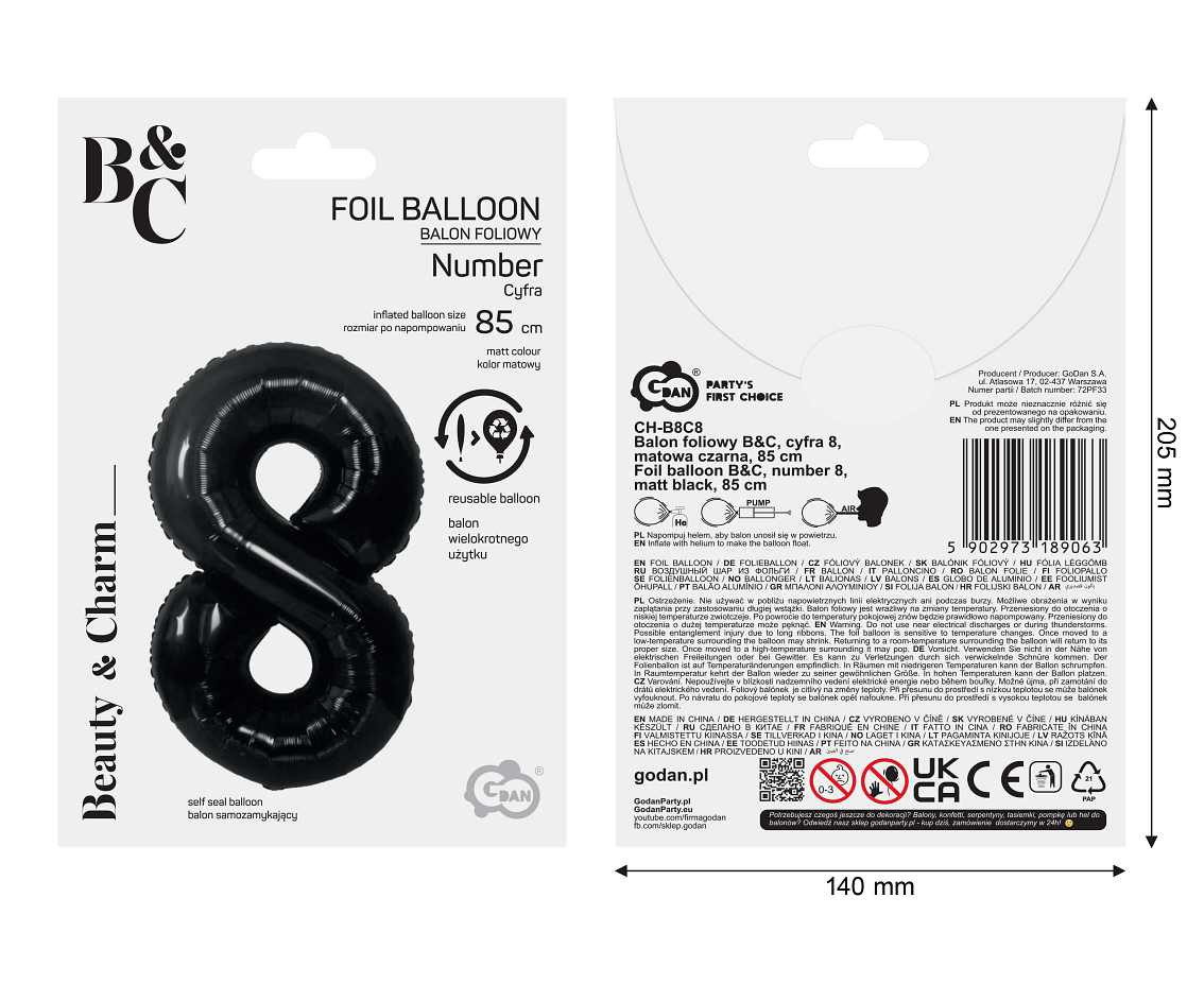 Foil balloon B&C digit 8, black, 92 cm